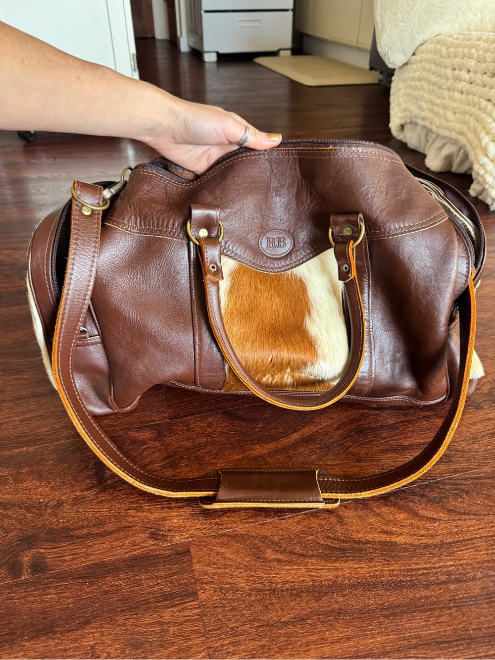 RB Branded Brown Leather Travel Satchel with Haircalf Accent